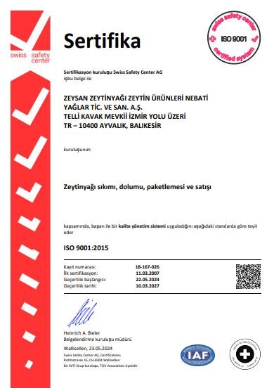 Ayvada Ayvalık Zeytinyağı ISO 9001 Belgesi